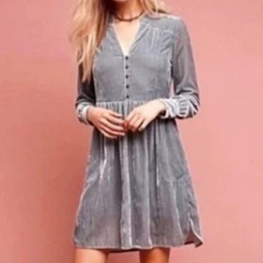 Holding Horses Anthropologie Women Size S Nantes Gray Crushed Velvet Shirt Dress